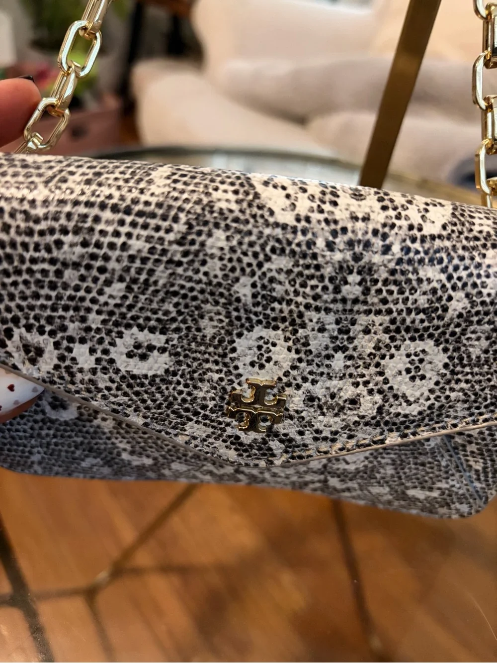 Tory Burch Black and White Snake-Print Crossbody with Gold Chain